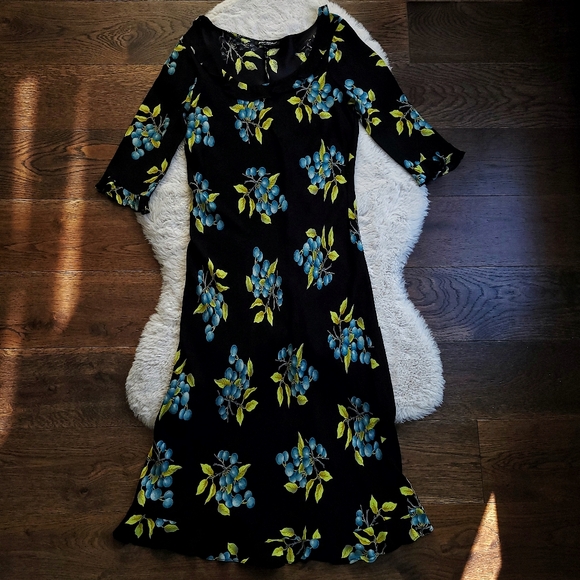 Vintage Betsey Johnson 90s Blueberry Fruit Print Ruffle Slip Midi Dress - Picture 3 of 16